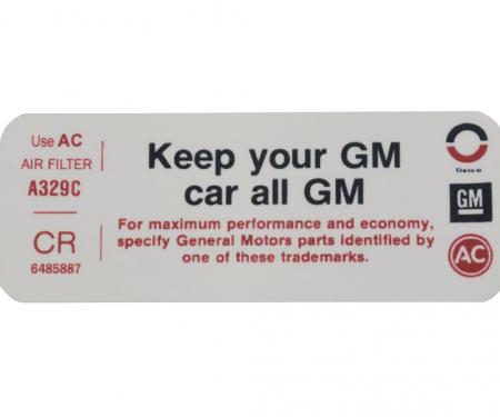 Camaro Air Cleaner Decal, Keep Your GM Car All GM, 350 Hi-Performance, Z28, 1972