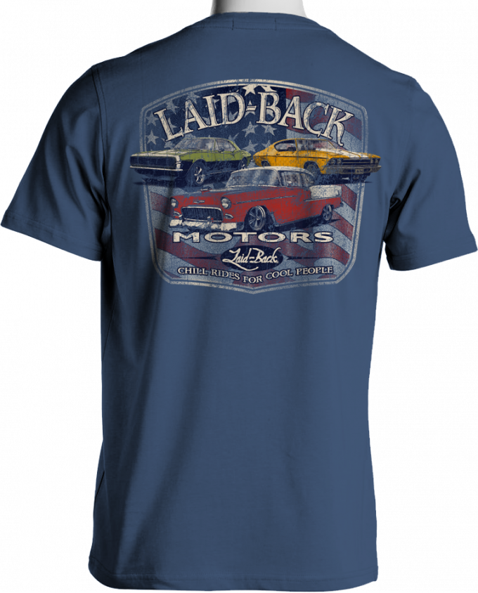 Laid Back Fulton Motors Chevy T-Shirt, Blue | Camaro Depot