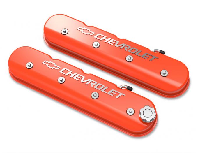 Holley Tall LS Valve Cover with Bowtie/Chevrolet Logo, Factory Orange Machined Finish 241-403