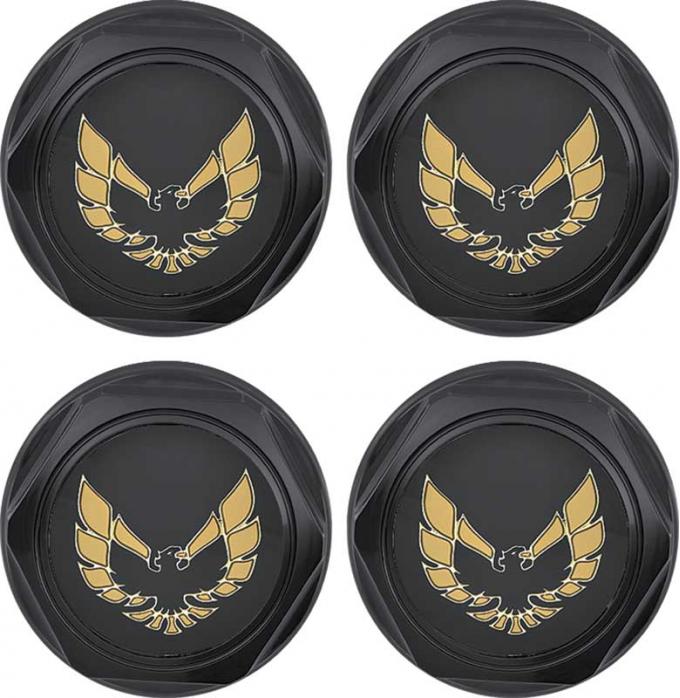 OER 1977-81 Firebird - Wheel Center Cap Set - Flat Black w/ Early Gold Bird Emblem & Metal Clips (4 pc) *881158